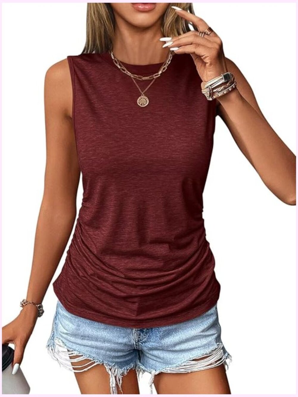 Ruched Tank Top Crewneck Sleeveless Slim Fit Stretchy 60% Polyester 35% Rayon